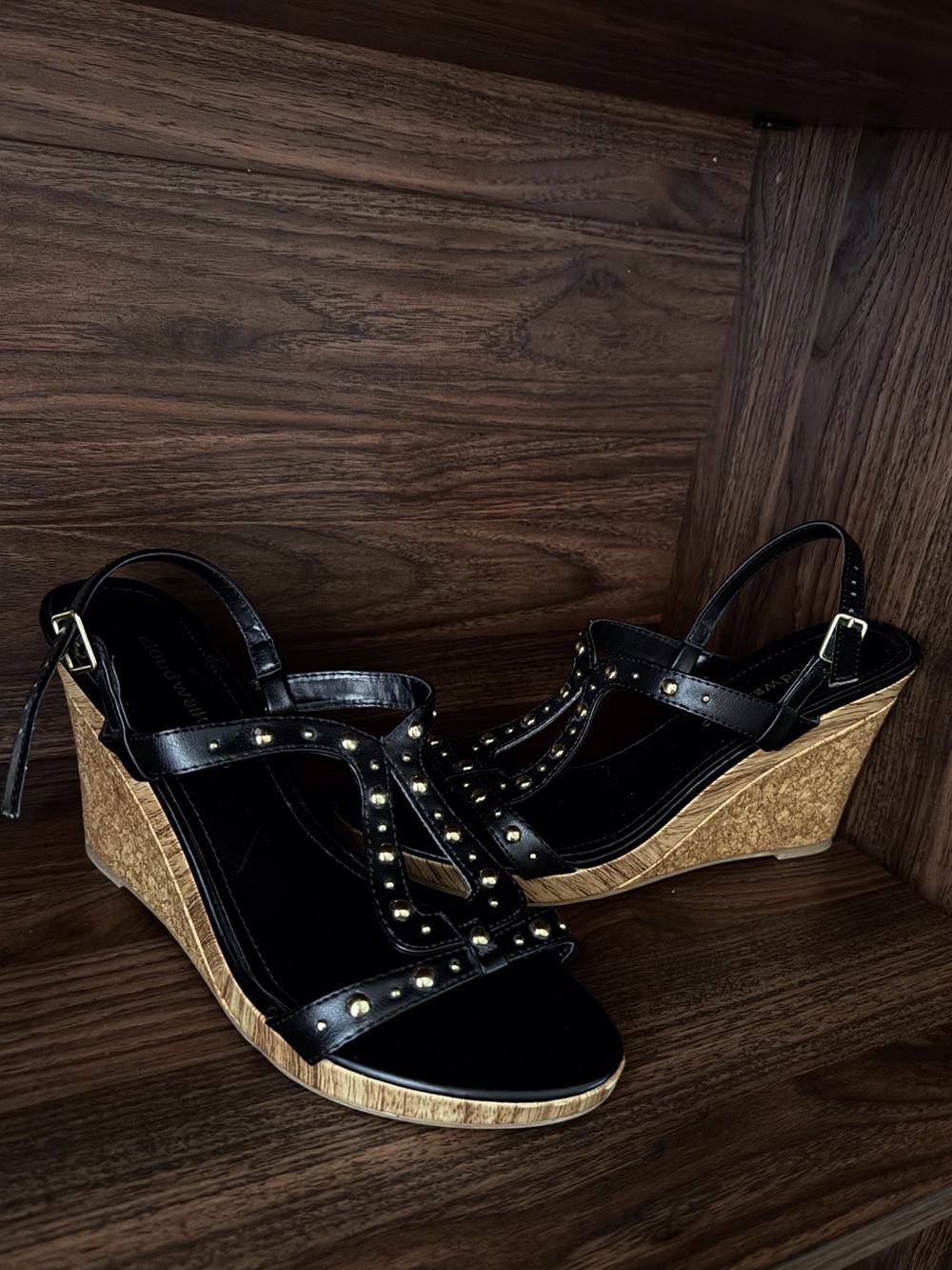 Black Studded Cork Wedge Sandals